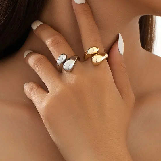 Anel ajustável feminino 2 gotas lisas banhado a ouro 18K