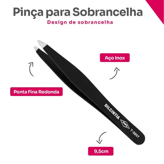 Pinça Sobrancelha Preta Ponta Fina Redonda Aço Inox Dilcintia