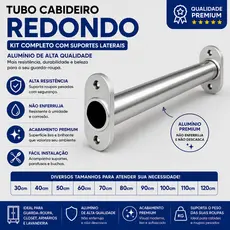 Tubo Cabideiro Redondo Alumínio com Suportes Laterais para Guarda-Roupa Closet Armário Diversos Tamanhos