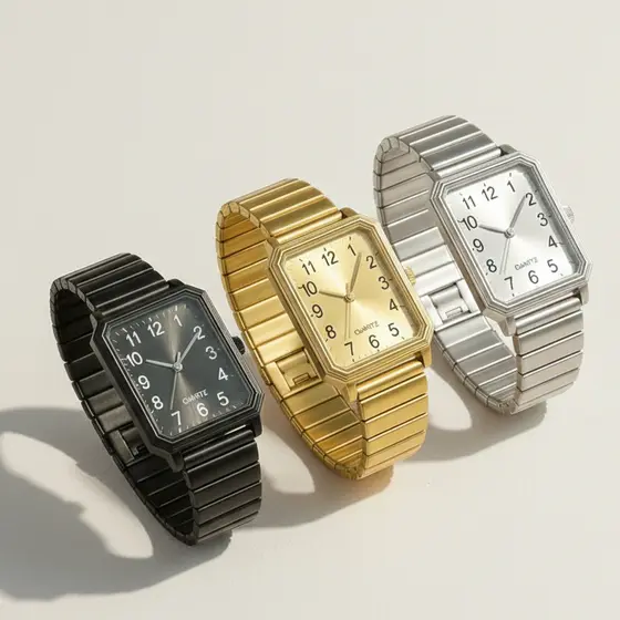 Relógio Feminino de pulso Quartz Pulseira Elástica analógico Redondo Dourado e Rose breto prata Moda Blogueira