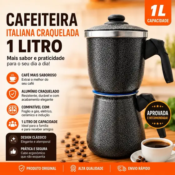 Cafeteira Italiana de Fogão 1L Alumínio Polida e Craqueada