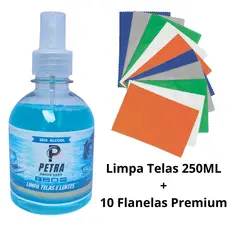 Limpa Telas Petra 250ml + 10Flanelas – Limpa Lentes, Celulares e Óculos | Brilho, Proteção e Alta Eficiência