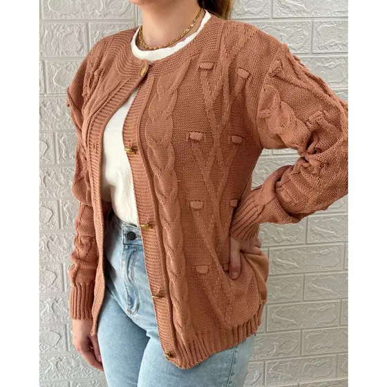 Casaco Feminino Tricot Cardigan Pompom e Tranças com Botões Dourados Casaco de Inverno Roupa de Frio