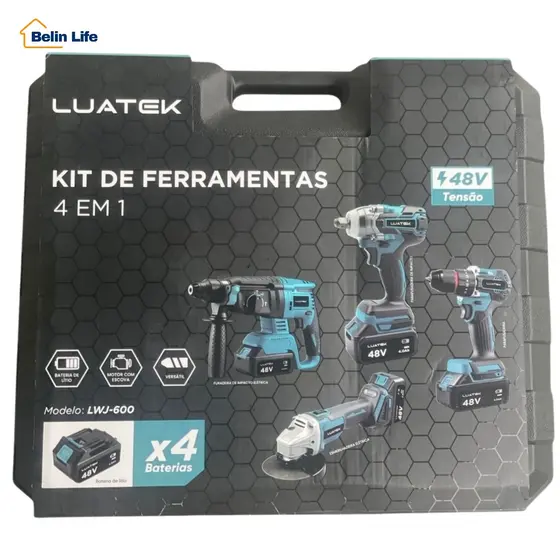 Kit 4 em 1 Luatek 48V Sem Fio 4 Baterias Parafusadeira Esmerilhadeira Chave Impacto Martelete Brushless Luatek LWJ-600