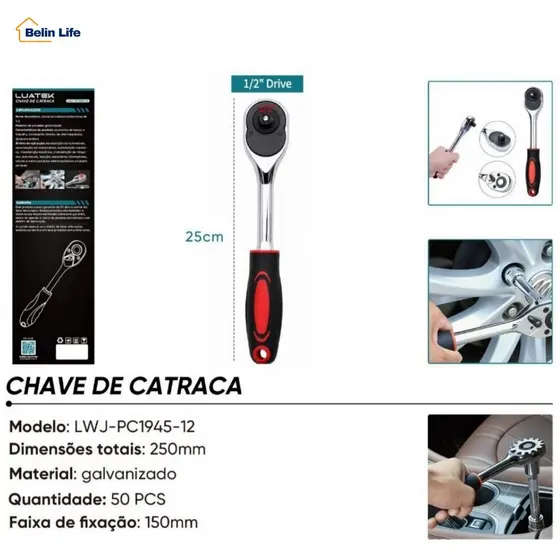 Chave Catraca Reversível 1/2 Polegada Cabo Emborrachado Ergonomico 250mm LWJ-PC1945-12
