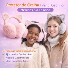 Tiara Gatinho De Pelúcia Infantil Protetor De Orelha Menina 5 A 13 Anos