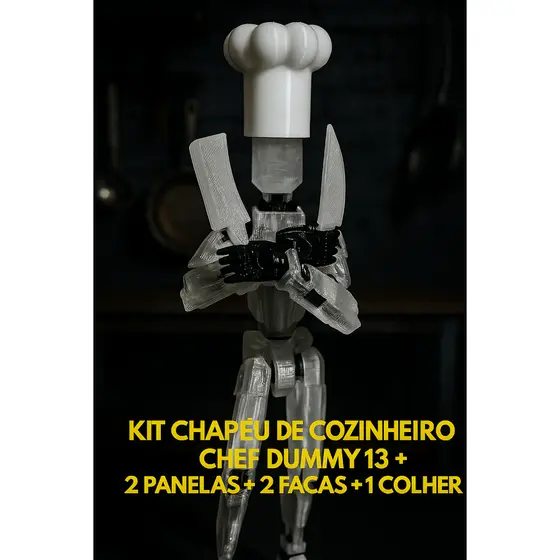 Kit Chapéu de Cozinheiro Chef para Dummy 13 + 2 Panelas + 2 Facas e 1 Colher Brinquedo Decoração - Impressão 3D