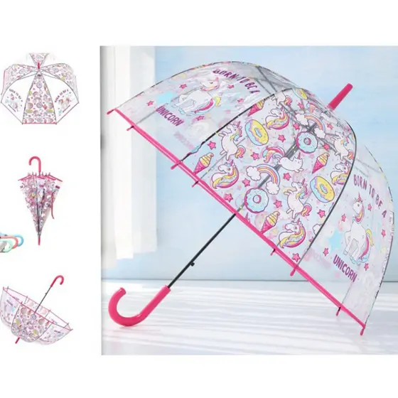 Guarda Chuva Infantil Transparente com Unicórnio Super Proteção Cores Sortida