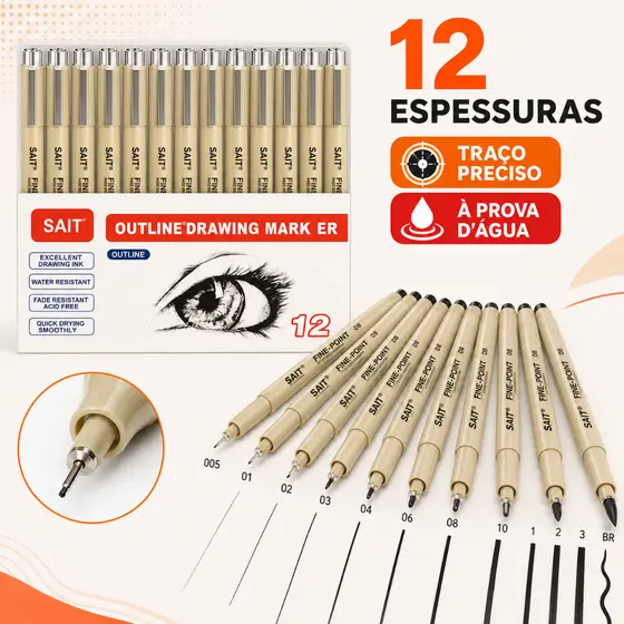Kit 12 Canetas Nanquim Profissional Fine Line Brush para Desenho Técnico Lettering e Mangá