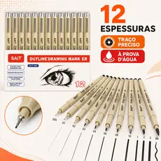 Kit 12 Canetas Nanquim Profissional Fine Line Brush para Desenho Técnico Lettering e Mangá