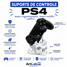 Suporte Controle PS4 Slim Pro Fat Diagonal Caveria Flamejante Branco e Preto para a Mesa