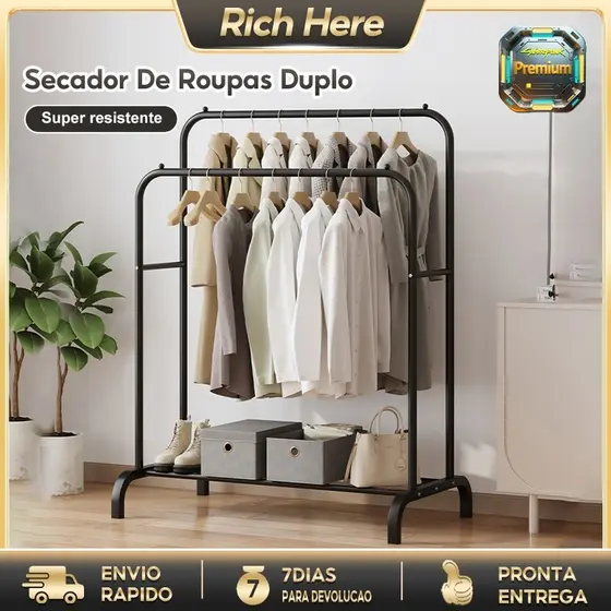 Cabideiro de Chão com Sapateira - Rack Organizador Portátil e Regulável para Roupas e Calçados