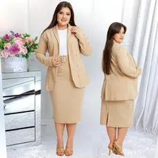 Conjunto Blazer Feminino + Blusa Crepe + Saia Midi Com Cinto Plus Size Moda Evangelica Fardamento