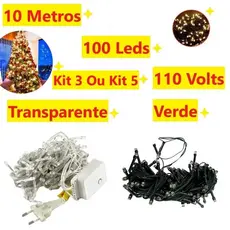 Kit 5 Ou 3 Caixa 100 Leds Pisca Fio Verde Ou Transparente 8 Funções 10M 110V Natalino Multicolorido