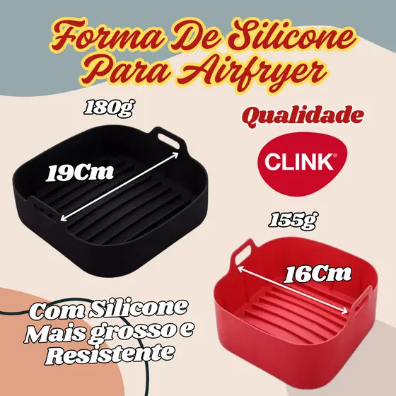 Forma AirFlryer De Silicone 19Cm De 180g Ou 16Cm De 155g Grosso Resistente Clink Com Alças Quadrada