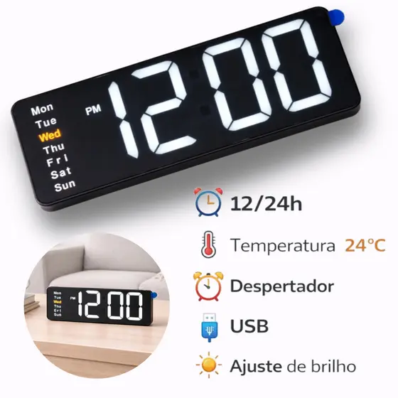 Relogio Digital De Mesa 16,3x2,3x5,7cm Com Brilho Ajustavel Despertador USB Temperatura Data 12/24H