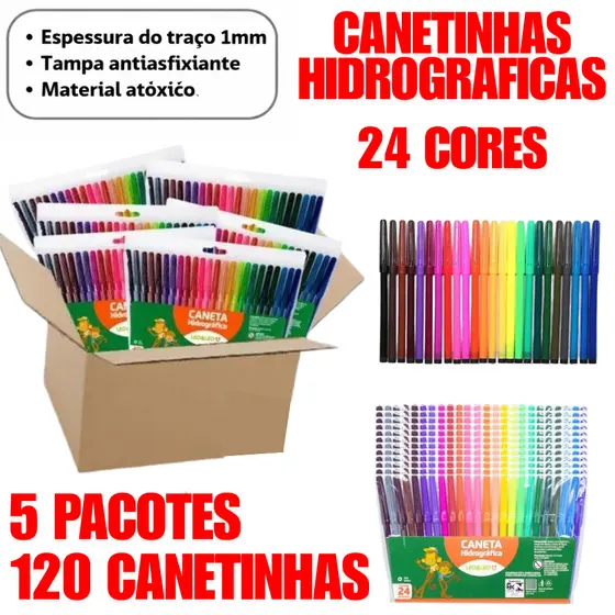 KIT Com 5 Pacotes 120 Canetinhas Leo & Leo 24 Cores Escolar Pintura Papelaria Material Escolar