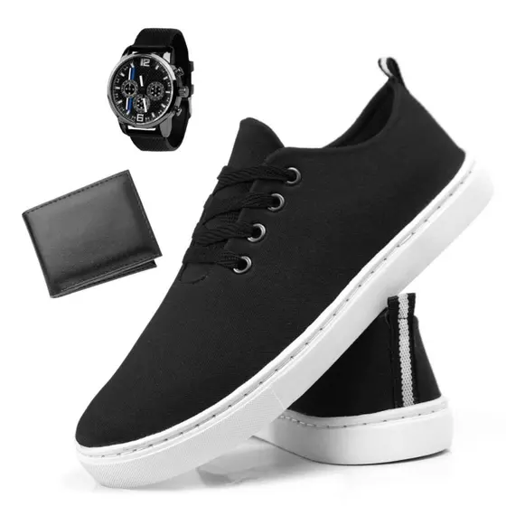 Kit Tênis Masculino Casual Sapatênis Confortavel Sport + Carteira Porta Cartões e Relogio Masculino