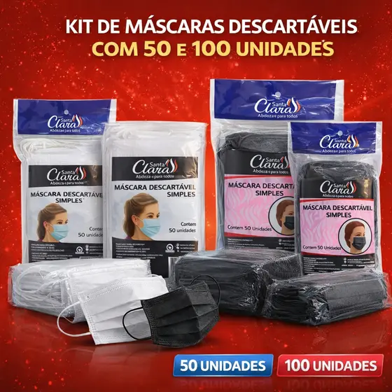 Kit 50/100 Máscaras Descartáveis Santa Clara Cores Branca, Preta e Rosa