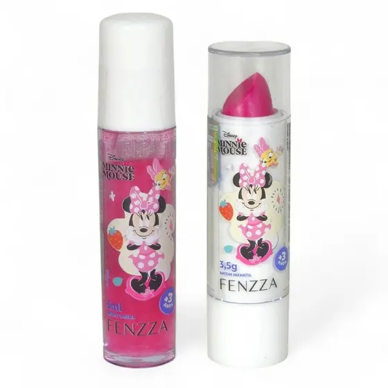 Kit Linha de Maquiagem Infanil Minnie Mouse Brilho Labial Gloss Roll On Batom Disney Original Fenzza