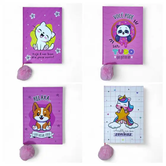 Caderneta Caderno Para Anotações Bichinhos Frases Capa Dura 80 Folhas Marcador Pompom 20 x 14 cm Fofinho