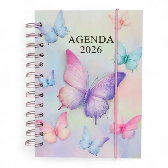 Agenda Diária Planner 2026 Capa Dura Espiral de Bolsa Feminina e Masculina Borboletas Gatinho 15x12 cm