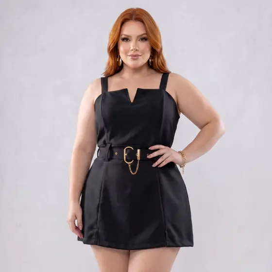 Macacão Short Saia Plus Size Feminino Scuba Crepe com Cinto Moda Casual Veste 46 ao 56