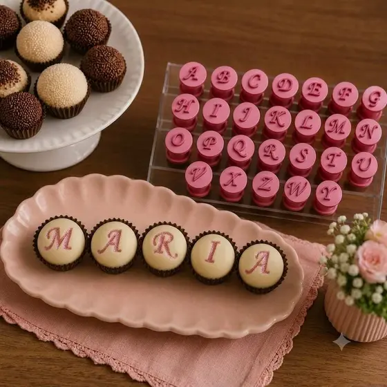 Kit Carimbo Letras Alfabeto p/ Brigadeiro e Marcador Confeitaria Docinhos Doce Gourmet