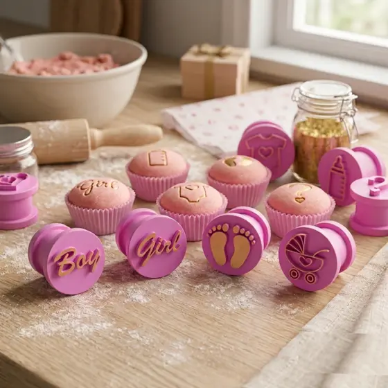 Kit 7 Carimbo Marcador Para Doces Brigadeiros Cha De Bebe Revelacao Boy Girl Pezinho
