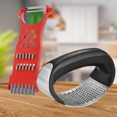 Kit Descascador Fatiador de Legumes Ralador Queijos Frutas + Amassador De Alho Inox Espremedor Triturador Manual Cozinha Garlic Press