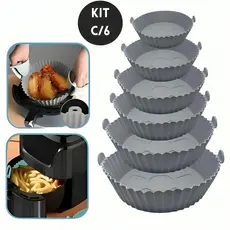 Kit 6 Formas Airfryer Silicone Reutilizável Lavável Tamanhos Variados Antiaderente Microondas Com Alça