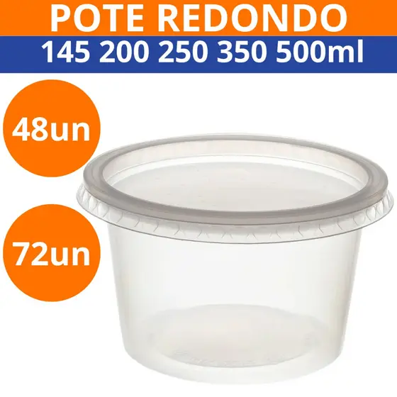 Pote Redondo Descartável com Tampa KIT 48 ou 72un 145 200 250 350 500ml