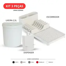 Kit 3 Cozinha Organizador Kit 3 Cozinha Escorredor Louças Lixeira 2,5L Dispenser Sabão Organizador Pia Completo