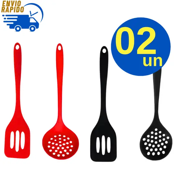 Kit Escumadeira e Espátula de Silicone Colorida Preta Ou Vermelha Para Servir Arroz Fritura Cozinha Restaurante Natal