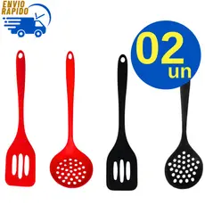 Kit Escumadeira e Espátula de Silicone Colorida Preta Ou Vermelha Para Servir Arroz Fritura Cozinha Restaurante Natal