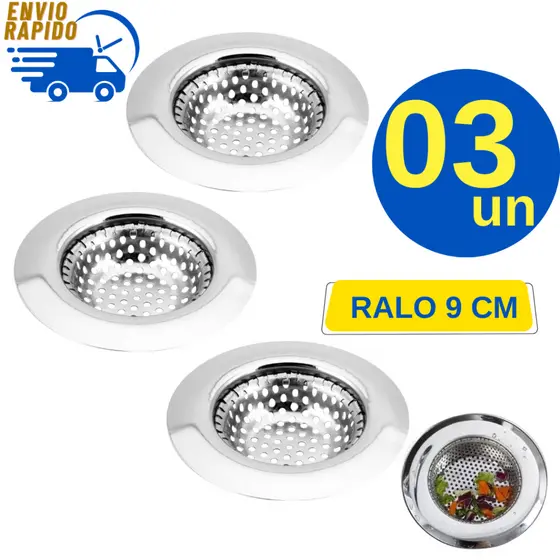 Ralo Ralinho Inox 9cm Kit 3 Unidades Para Pia Cozinha Válvula Americana Borda Larga Universal Casa Restaurante