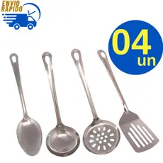 Kit Concha Escumadeira Colher de Arroz e Espátula Vazada Inox para Cozinha Casa Restaurante Buffet