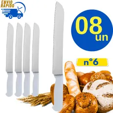 Kit 8 Faca Pão Profissional 6 Polegadas Aço Inox Cabo Branco Lâmina Longa Cozinha Casa Padaria Restaurante Casas Buffet