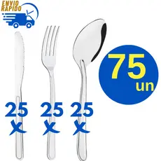Kit 75 Peças Aço Inox Garfo Faca Colher de Sopa para Refeição Restaurante Bar Pizzaria Lanchonete Buffet Churrascaria