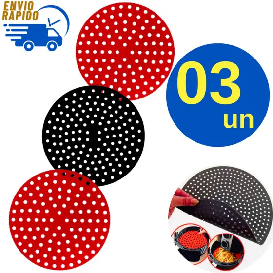 Kit 3 Forro Tapete Redondo em Silicone para Air Fryer Fritadeira Elétrica 22cm Multiuso Universal