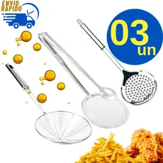 Kit 3 Escumadeiras Convencional + Cesto Para Fritura + Escumadeira Fritura com Pinça Restaurante Bar Padaria Salgateria