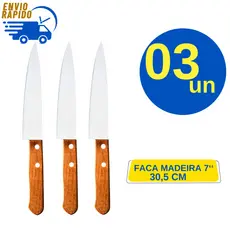 Kit 3 Faca Inox Chef 7' Profissional Cabo De Madeira Multiuso Para Cozinha Restaurante Carnes Legumes