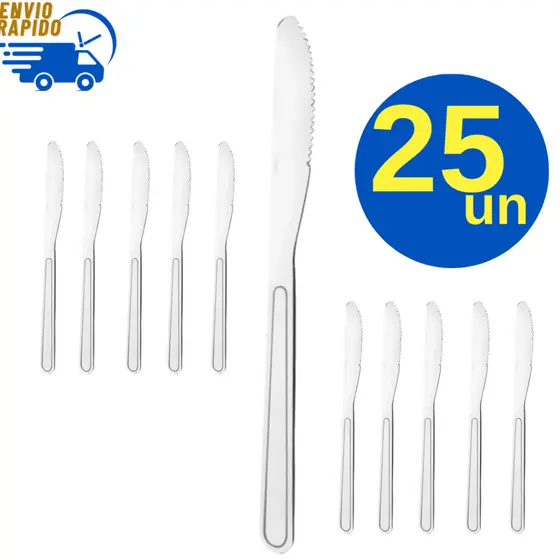 Kit 25 Faca Mesa Aço Inox Resistência Durabilidade Para Refeições Casa Restaurante Pizzaria Buffet Padaria