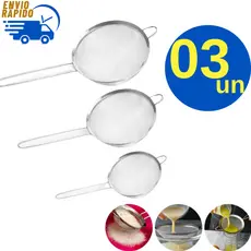 Kit 3 Peneira Coador Aço Inox Manual 12, 14, 18 cm Profissional Suco Sobremesa Farinha para Casas Restaurante Buffet