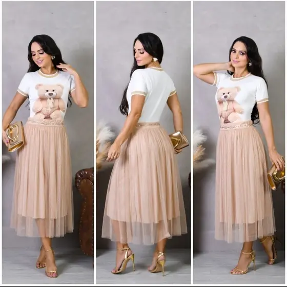 Saia Tule Glitter Moda Evangélica Elegante Feminina com Forro para Culto e Congresso