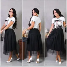Saia de Tule Midi com Glitter Charmosa Moda Evangélica Feminina