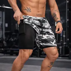 Shorts 2 em 1 Dry Duplo Camuflado Plus Size M ao G3 Com Compressão Academia Treino Corrida