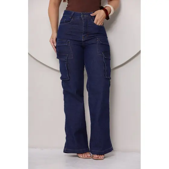 Calça Jeans Cargo Feminina Wide Leg Cintura Alta Azul Marinho Com Lycra