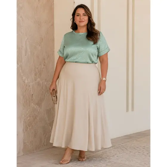 Blusa Plus Size Feminina Jacquard Texturizada Manga Curta Gola Redonda Elegante Confortável Moda Evangélica Premium