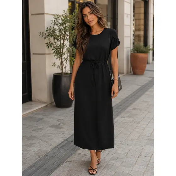 Vestido Social Básico Longo Moderno Casual Elegante Versátil Cintura Ajustável Fluido